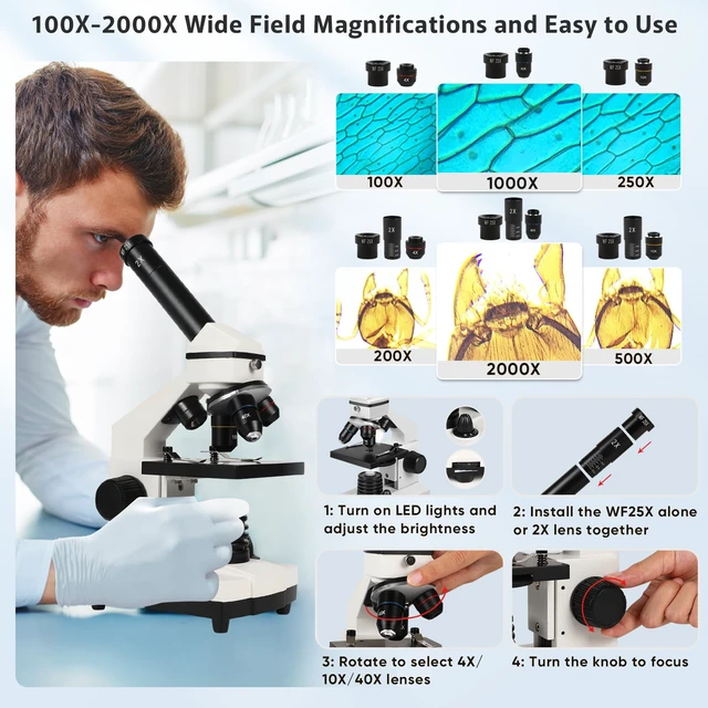 Alt view image 2 of 7 - Microscope for Adults Professional:Compound Microscope for Kids 8-12,100X-2000X Kids Microscope Kit with Prepared Microscope Slides and Covers,Plant Stereo Microscopes for Kids Homeschool Lab