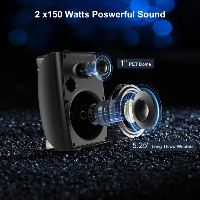 Alt view image 2 of 7 - 5.25" Passive Outdoor Speakers Waterproof Wired, 300W Wall Mount Speakers with Superior Sound,Dual Swivel Brackets for Patio/Deck/Backyard (Pair, Black)