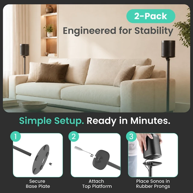 Alt view image 6 of 7 - Floor Stand for Sonos One, SL, Play:1, 2 Pack, Black Fixed height floor stand for Sonos One, One SL, Play:1, sold as a pair of two stands, 28.2" Tall, Built in Cable Management