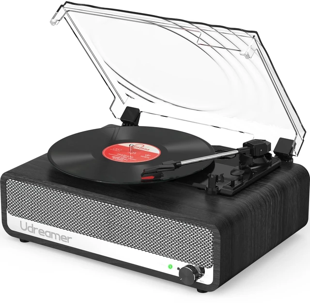 Main image of Vinyl Record Player with Speakers, 3 Speed Turntable with Mirror, Black Latest Bluetooth 5.3, Aux Input, Headphone Jack, RCA Output, Auto Stop