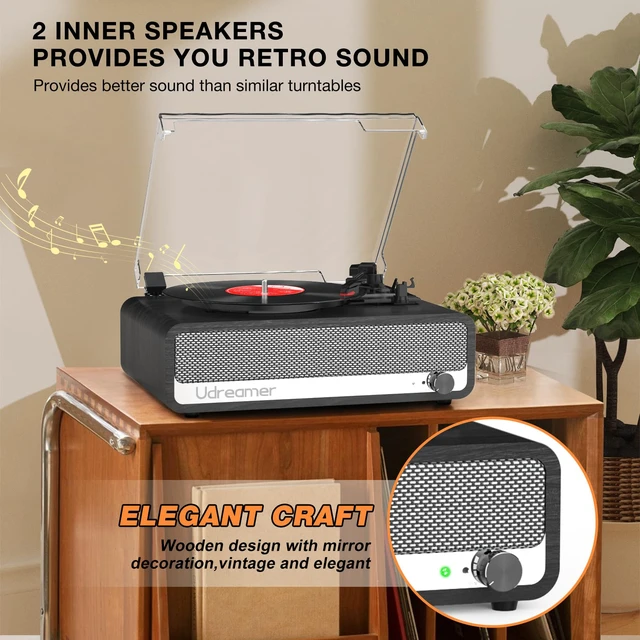 Alt view image 2 of 7 - Vinyl Record Player with Speakers, 3 Speed Turntable with Mirror, Black Latest Bluetooth 5.3, Aux Input, Headphone Jack, RCA Output, Auto Stop