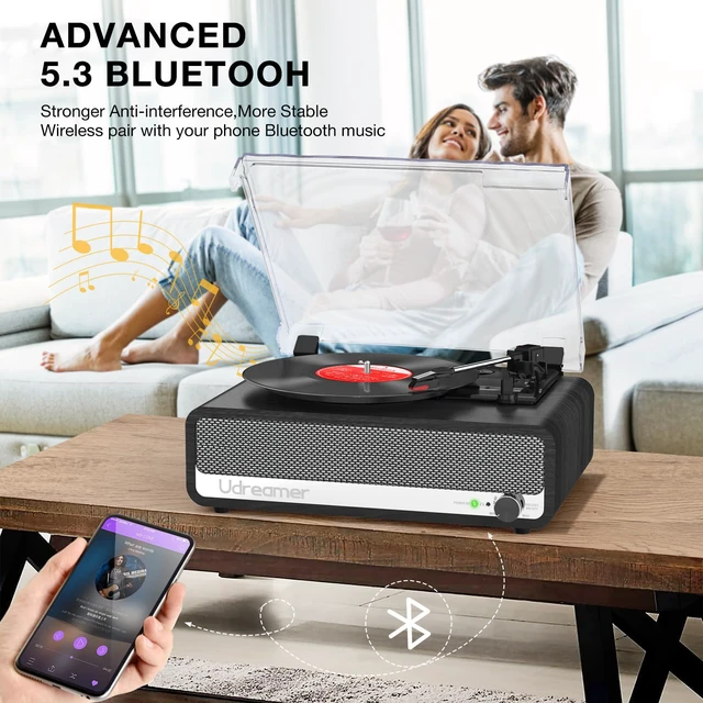 Alt view image 3 of 7 - Vinyl Record Player with Speakers, 3 Speed Turntable with Mirror, Black Latest Bluetooth 5.3, Aux Input, Headphone Jack, RCA Output, Auto Stop