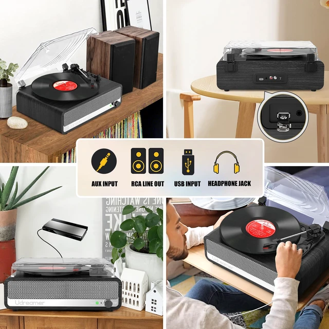 Alt view image 4 of 7 - Vinyl Record Player with Speakers, 3 Speed Turntable with Mirror, Black Latest Bluetooth 5.3, Aux Input, Headphone Jack, RCA Output, Auto Stop