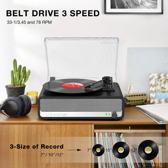 Alt view image 5 of 7 - Vinyl Record Player with Speakers, 3 Speed Turntable with Mirror, Black Latest Bluetooth 5.3, Aux Input, Headphone Jack, RCA Output, Auto Stop