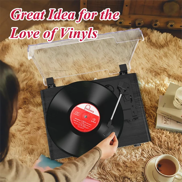 Alt view image 6 of 7 - Vinyl Record Player with Speakers, 3 Speed Turntable with Mirror, Black Latest Bluetooth 5.3, Aux Input, Headphone Jack, RCA Output, Auto Stop