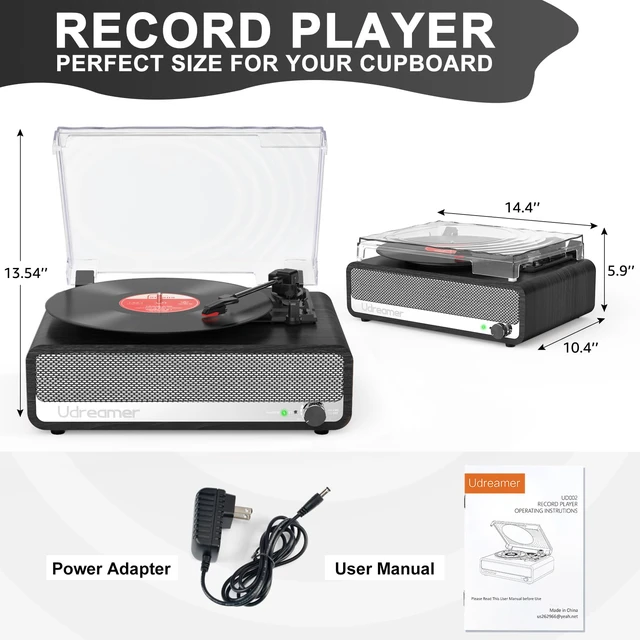 Alt view image 7 of 7 - Vinyl Record Player with Speakers, 3 Speed Turntable with Mirror, Black Latest Bluetooth 5.3, Aux Input, Headphone Jack, RCA Output, Auto Stop