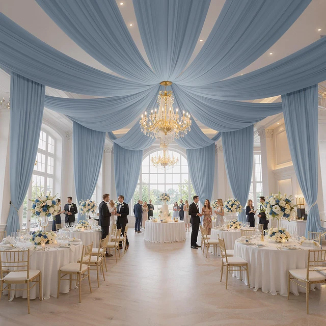 Alt view image 6 of 7 - 20ft×20ft Dusty Blue Ceiling Drapes for Weddings Parties, 2 Panels 5×20ft Long Dusty Blue Ceiling Curtain for Tent Canopy,Wrinkle Free Silk Draping Fabric Drapes for Event Church Stage Photo Decor