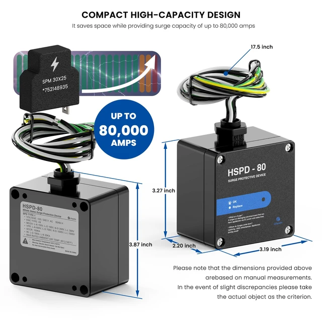 Alt view image 3 of 6 - HSPD Square Whole Home Surge Protective Device, Type 1 SPD, Whole House Surge Protector, AC Surge Protection, 120/240VAC (HSPD-80)