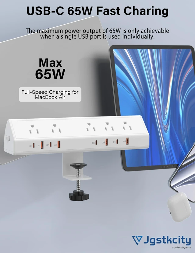 Alt view image 3 of 7 - Desk Clamp Power Strip USB C 65W,8 USB,10FT Cable,White 4 USB-C Ports,Fit 1.96'' Tabletop,1875W Extension Cord,ETL Listed,Outlet Extender Desk Organizer,Office,Gaming,Dorm