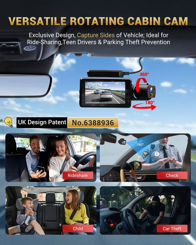 Alt view image 3 of 7 - 2.5K+1K Dual Dash Cam Front and Inside with GPS WiFi, 32GB Card, 24Hr Park GPS Track, Plug and Play, IR Night Vision, 3" IPS Screen, Inside Car Camera for Taxi Driver, Support 256GB Max, App Control
