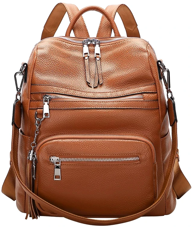 Main image of Genuine Leather Backpack for Women Soft Large Shoulder Bag Fits 11" ipad, Multi-pockets, Large Capacity Casual Shoulder Daypack for Daily Use, Travel, Commute, S106 Brown