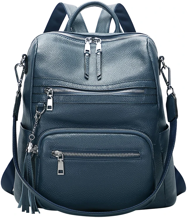 Main image of Genuine Leather Backpack for Women Soft Large Shoulder Bag Fits 11" ipad, Multi-pockets, Large Capacity Casual Shoulder Daypack for Daily Use, Travel, Commute, S106 Indigo Blue