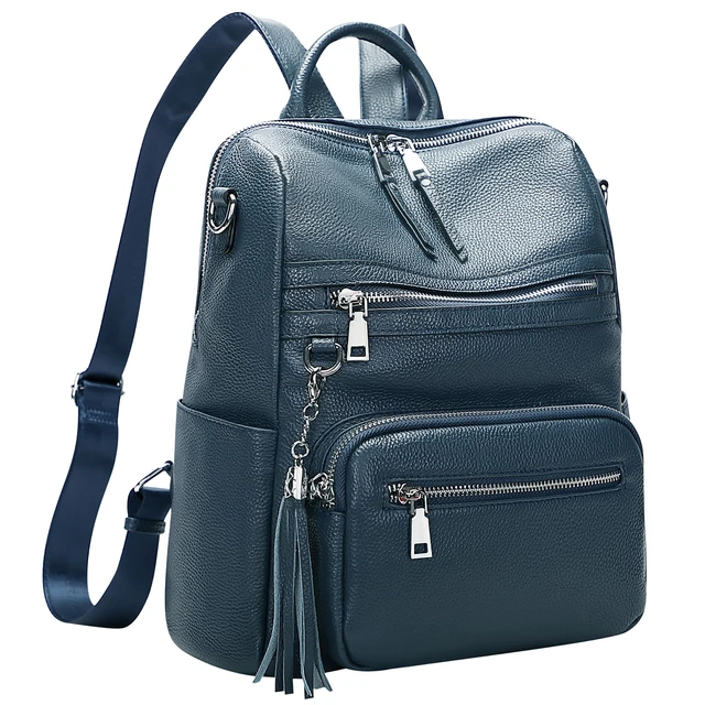 Alt view image 2 of 6 - Genuine Leather Backpack for Women Soft Large Shoulder Bag Fits 11" ipad, Multi-pockets, Large Capacity Casual Shoulder Daypack for Daily Use, Travel, Commute, S106 Indigo Blue