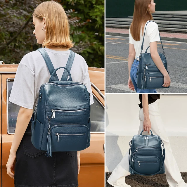 Alt view image 3 of 6 - Genuine Leather Backpack for Women Soft Large Shoulder Bag Fits 11" ipad, Multi-pockets, Large Capacity Casual Shoulder Daypack for Daily Use, Travel, Commute, S106 Indigo Blue