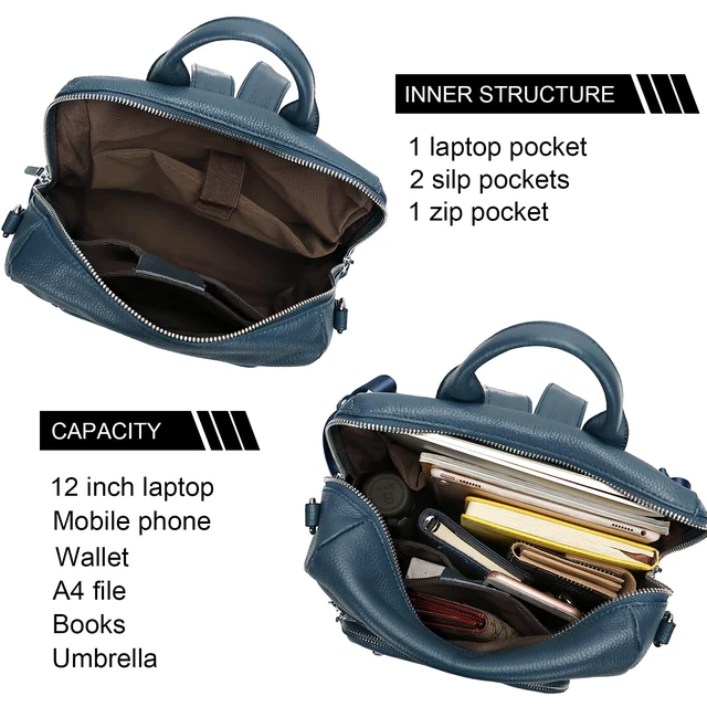 Alt view image 6 of 6 - Genuine Leather Backpack for Women Soft Large Shoulder Bag Fits 11" ipad, Multi-pockets, Large Capacity Casual Shoulder Daypack for Daily Use, Travel, Commute, S106 Indigo Blue