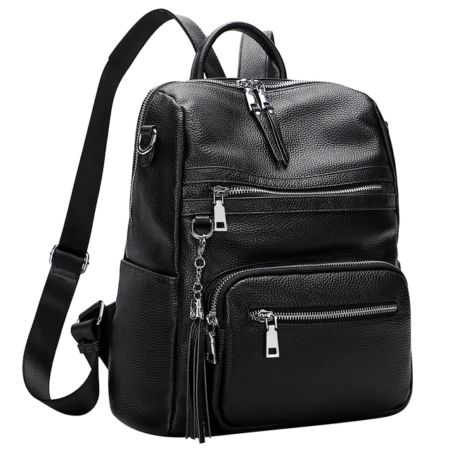 Alt view image 2 of 6 - Genuine Leather Backpack for Women Soft Large Shoulder Bag Fits 11" ipad, Multi-pockets, Large Capacity Casual Shoulder Daypack for Daily Use, Travel, Commute, S106 Black