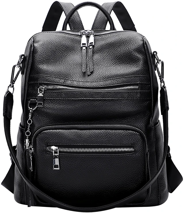 Main image of Genuine Leather Backpack for Women Soft Large Shoulder Bag Fits 11" ipad, Multi-pockets, Large Capacity Casual Shoulder Daypack for Daily Use, Travel, Commute, S106 Black