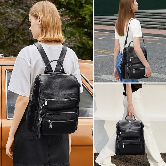 Alt view image 3 of 6 - Genuine Leather Backpack for Women Soft Large Shoulder Bag Fits 11" ipad, Multi-pockets, Large Capacity Casual Shoulder Daypack for Daily Use, Travel, Commute, S106 Black