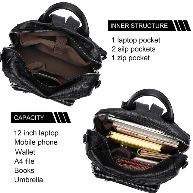 Alt view image 6 of 6 - Genuine Leather Backpack for Women Soft Large Shoulder Bag Fits 11" ipad, Multi-pockets, Large Capacity Casual Shoulder Daypack for Daily Use, Travel, Commute, S106 Black