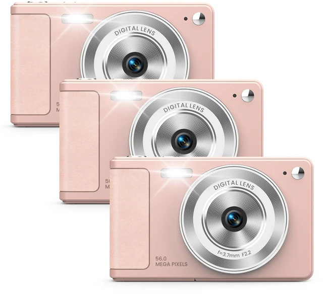Main image of Digital Camera 56MP, FHD 1080P Point & Shoot Camera with 32GB SD Card, 2 Batteries, and Lanyard, Ideal for Kids & Teens, Suitable Gift for Girls Pink, 3-Pack
