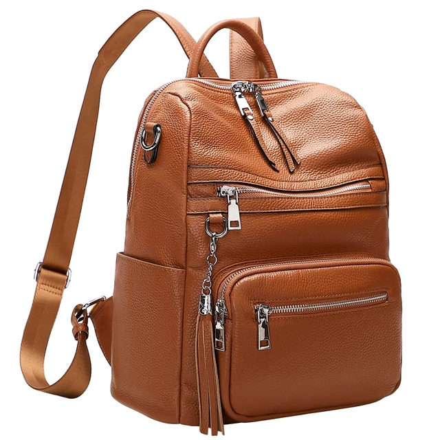Alt view image 2 of 6 - Genuine Leather Backpack for Women Soft Large Shoulder Bag Fits 11" ipad, Multi-pockets, Large Capacity Casual Shoulder Daypack for Daily Use, Travel, Commute, S106 Brown