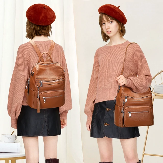 Alt view image 3 of 6 - Genuine Leather Backpack for Women Soft Large Shoulder Bag Fits 11" ipad, Multi-pockets, Large Capacity Casual Shoulder Daypack for Daily Use, Travel, Commute, S106 Brown