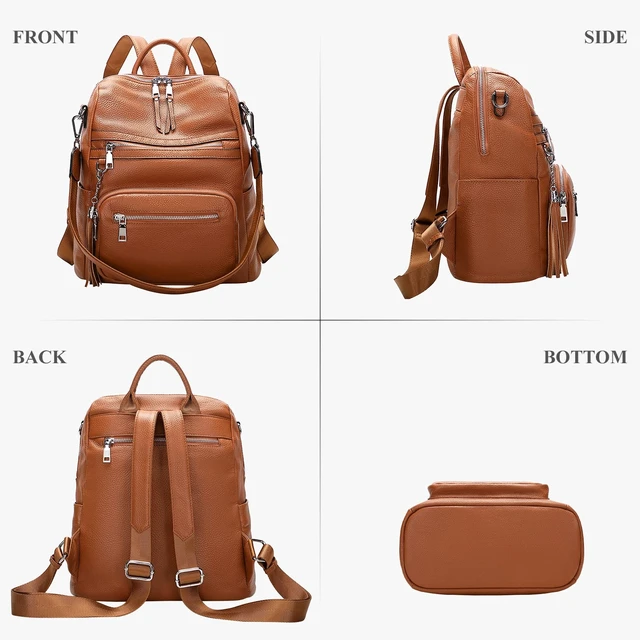 Alt view image 4 of 6 - Genuine Leather Backpack for Women Soft Large Shoulder Bag Fits 11" ipad, Multi-pockets, Large Capacity Casual Shoulder Daypack for Daily Use, Travel, Commute, S106 Brown