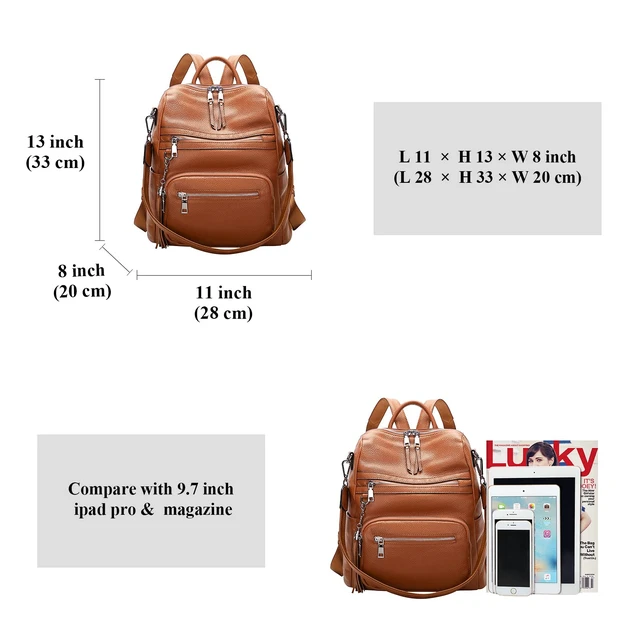 Alt view image 5 of 6 - Genuine Leather Backpack for Women Soft Large Shoulder Bag Fits 11" ipad, Multi-pockets, Large Capacity Casual Shoulder Daypack for Daily Use, Travel, Commute, S106 Brown
