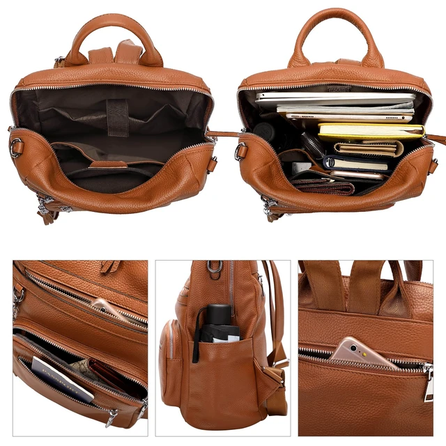 Alt view image 6 of 6 - Genuine Leather Backpack for Women Soft Large Shoulder Bag Fits 11" ipad, Multi-pockets, Large Capacity Casual Shoulder Daypack for Daily Use, Travel, Commute, S106 Brown