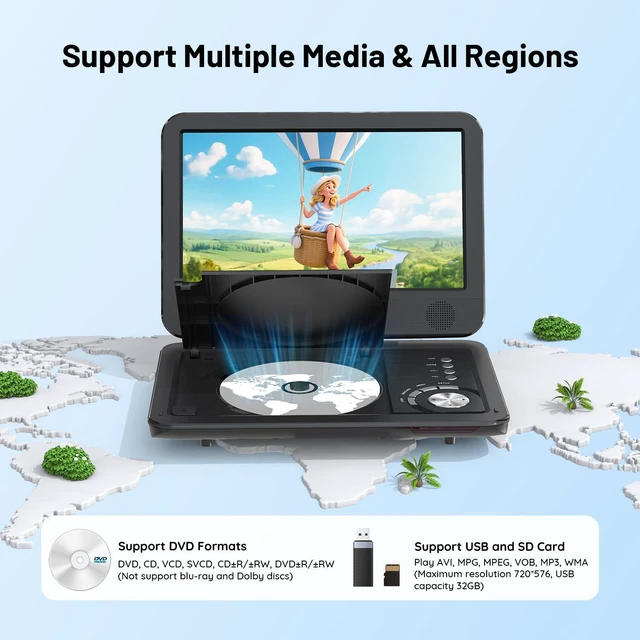 Alt view image 2 of 7 - 12.5" Portable DVD Player with 10.5" HD Swivel Screen, Black For Kids, Home Use & Road Trips, No Region Restriction, 5 Hrs Rechargeable Battery, Remote Control, Sync to TV, USB & SD