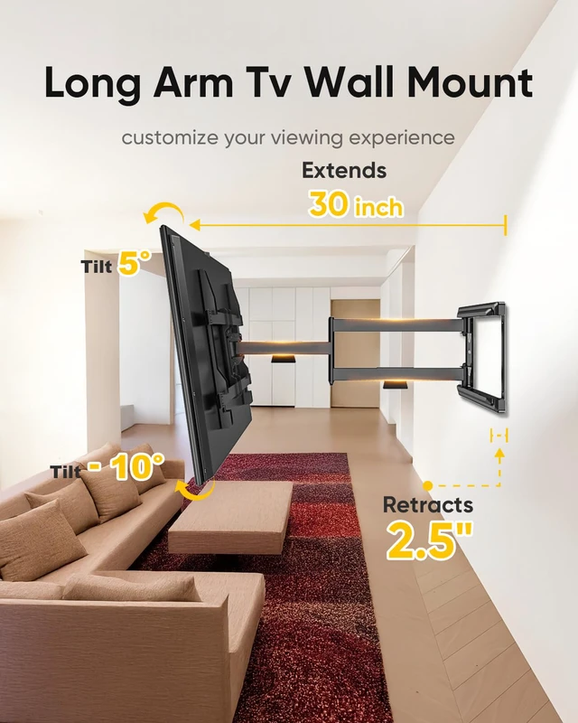 Alt view image 2 of 7 - Long Arm TV Mount for Most 37-75 Inch TVs up to 100lbs Full Motion Wall Mount with 30 Extension & Swivel Articulating Arm & Tilt, Max VESA 600X400mm