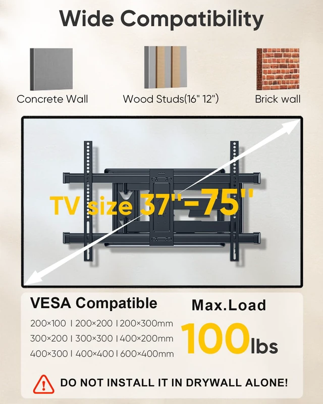 Alt view image 3 of 7 - Long Arm TV Mount for Most 37-75 Inch TVs up to 100lbs Full Motion Wall Mount with 30 Extension & Swivel Articulating Arm & Tilt, Max VESA 600X400mm