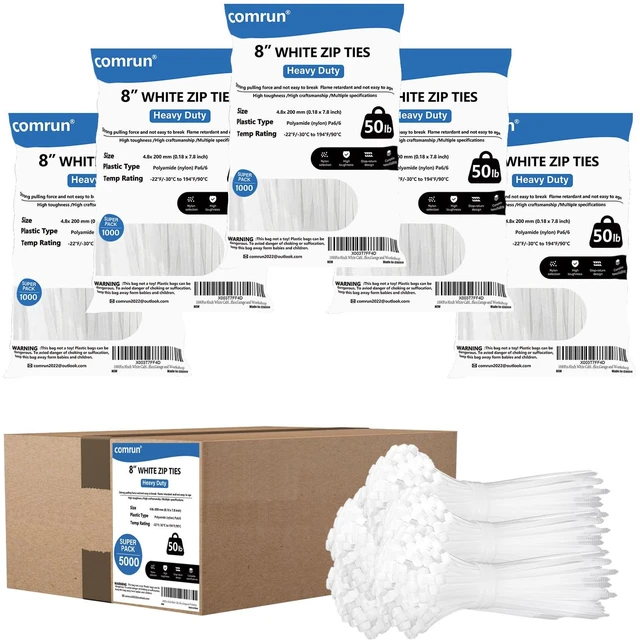Main image of 5000pcs 8Inch White Cable Tie,Nylon Zip Ties,Industrial Grade,50 Pounds Tensile Strength,UV Resistant,Heavy Duty,for Home,Garden Trellis,Office,Garage and Workshop