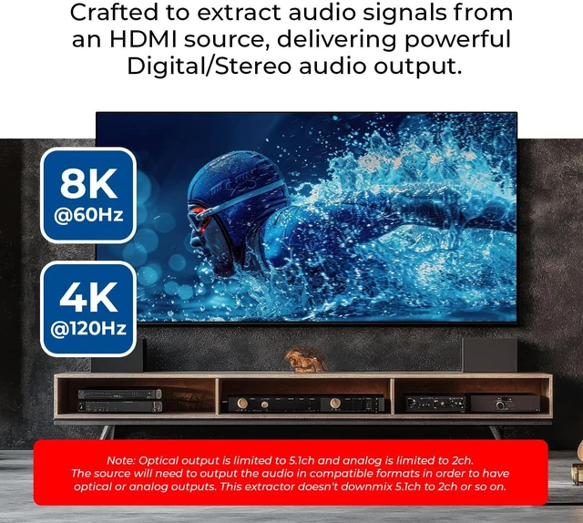 Alt view image 6 of 7 - 4K@120Hz Audio Extractor Converter, HDCP 2.3, Dolby Atmos HDR10+ 3.5mm HDMI Audio Extractor 4K 120Hz eARC, HDMI ARC Audio Extractor, Optical SPDIF, Dolby Vision, Sonos & Bose