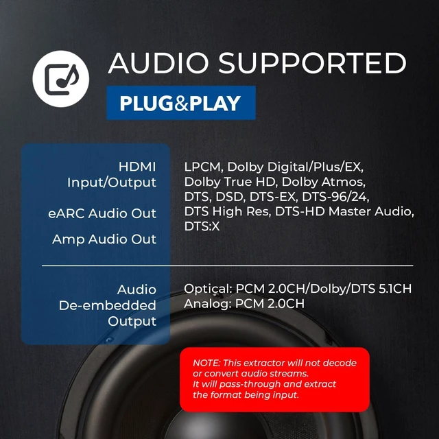 Alt view image 7 of 7 - 4K@120Hz Audio Extractor Converter, HDCP 2.3, Dolby Atmos HDR10+ 3.5mm HDMI Audio Extractor 4K 120Hz eARC, HDMI ARC Audio Extractor, Optical SPDIF, Dolby Vision, Sonos & Bose