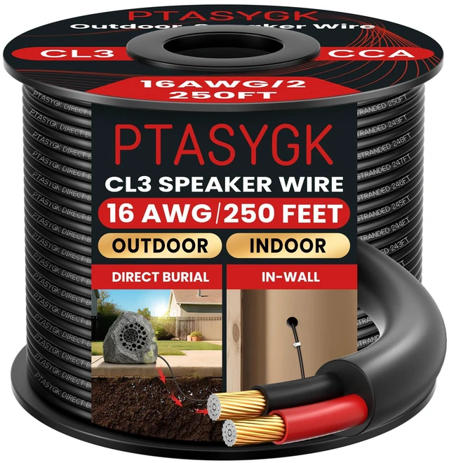 Main image of 16 Gauge Outdoor Speaker Wire 250ft CL3 Direct Burial CCA Cable CL2 Rated, 2 Conductor Stranded Core, UV and Weather Resistant, No Conduit Needed Underground, Garden Patio Pool Audio