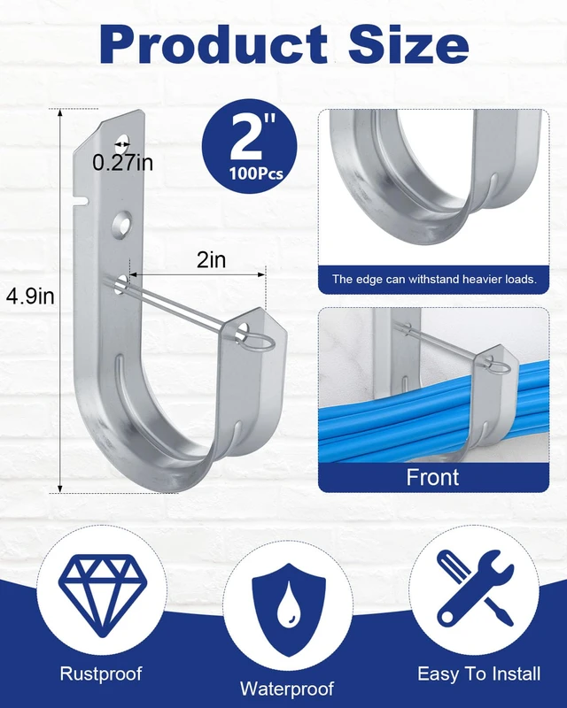 Alt view image 2 of 7 - 100 Pcs 2" J Hooks, Galvanized Steel Cable Hook for Cable Management Heavy Duty Wall Mount Cable Support J Hook with Retainer Clip for Cable Management