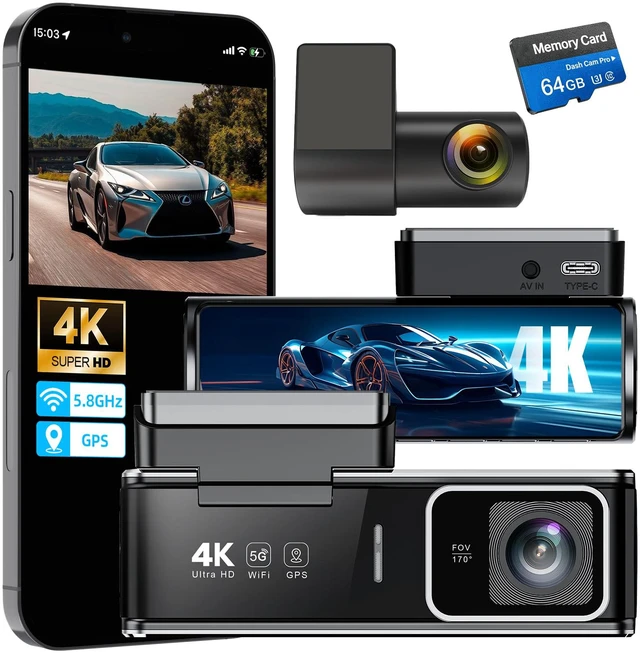 Main image of 4K Dash Cam Front and Rear, Dual Car Dash Camera with 5.8GHz WiFi & GPS, Dash Cam with 3.59" IPS Display, IR Night Vision, 24H Parking Monitor, G-Sensor, Seamless Loop Recording, 64GB SD Card Included