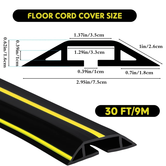 Alt view image 2 of 6 - 30 FT Floor Cable Cover Heavy Duty Cord Cover Protector Power Cable Protector Soft Extension, Organize and Protect Wire on Floor for Home Office or Outdoor Settings (Black, Yellow)