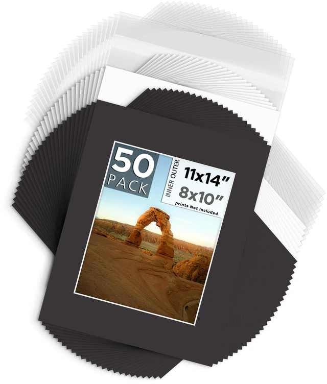 Main image of Mat Board Center, 50 Pack 11x14 Mat with Backings+Bags for 8x10 Photo Black Acid Free, White Core, Kit Mat For Pictures, Photos,Prints & Art Framing