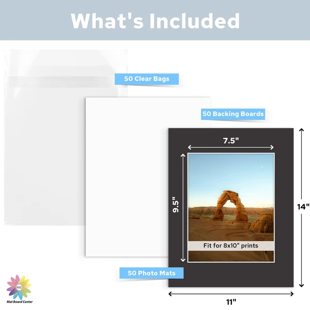Alt view image 2 of 7 - Mat Board Center, 50 Pack 11x14 Mat with Backings+Bags for 8x10 Photo Black Acid Free, White Core, Kit Mat For Pictures, Photos,Prints & Art Framing