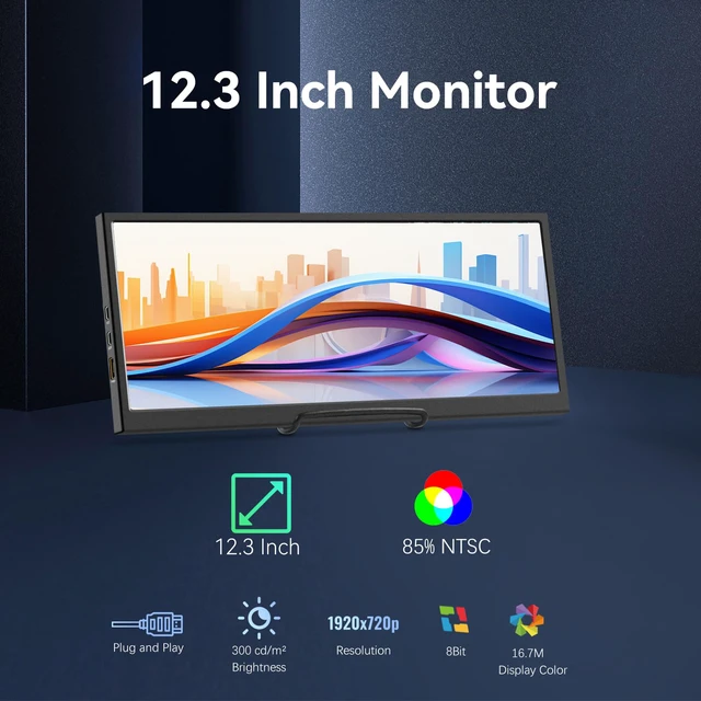 Alt view image 6 of 7 - 12.3 Inch Secondary Monitor, IPS Stretched Bar LCD Travel Display 1920 * 720 HDMI USBC, Mini Portable Monitor Metal Material for Laptop Computer Windows Aida64 GPU CPU RAM Monitoring,Built-in Speaker