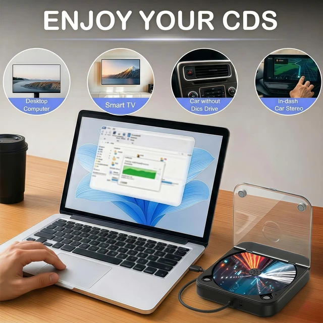 Alt view image 7 of 7 - External Portable CD Player for Car, Plug and Play Car CD Player with USB Port AUX Port, Universal USB Player for Vehicle, Laptop, TV, Computer, for Android 4.4 and Above Navigation