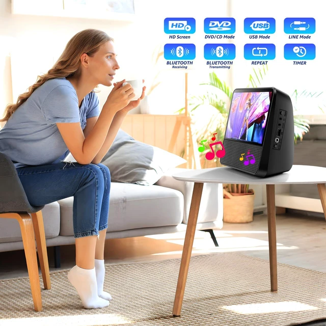Alt view image 2 of 6 - 9.8" Portable DVD Player, 7" 1024x600, DVD & CD, Bluetooth 5.1 & 4000mAh Bluetooth 5.1 TX & RX, compact, family car travel home, 3-5 hour playback, USB/AUX, plays DVD/CD, AV to TV, resume playback