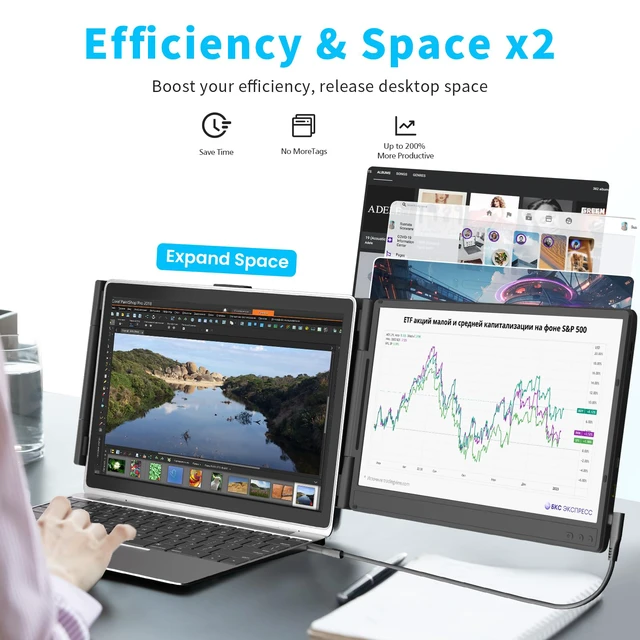 Alt view image 2 of 7 - Laptop Screen Extender 14" - FHD 1080P IPS Laptop Monitor Extender Dual Screen, Portable Monitor for Laptops 13-17" with USB-C/HDMI Port, Built-in Speakers, Plug n Play for Mac, Win, Android