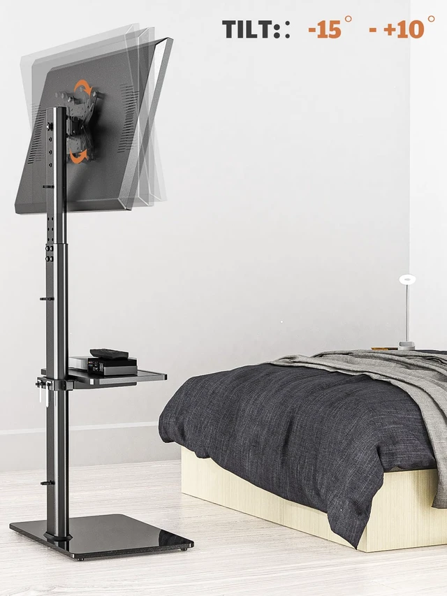 Alt view image 3 of 7 - Universal Floor TV Stand with Mount for 19 to 43 inch Flat Screen TV, 100 Degree Swivel,Adjustable Height and Tilt Function, 2 Shelves Space Saving Standing TV Mount for Bedroom Living Room Corner