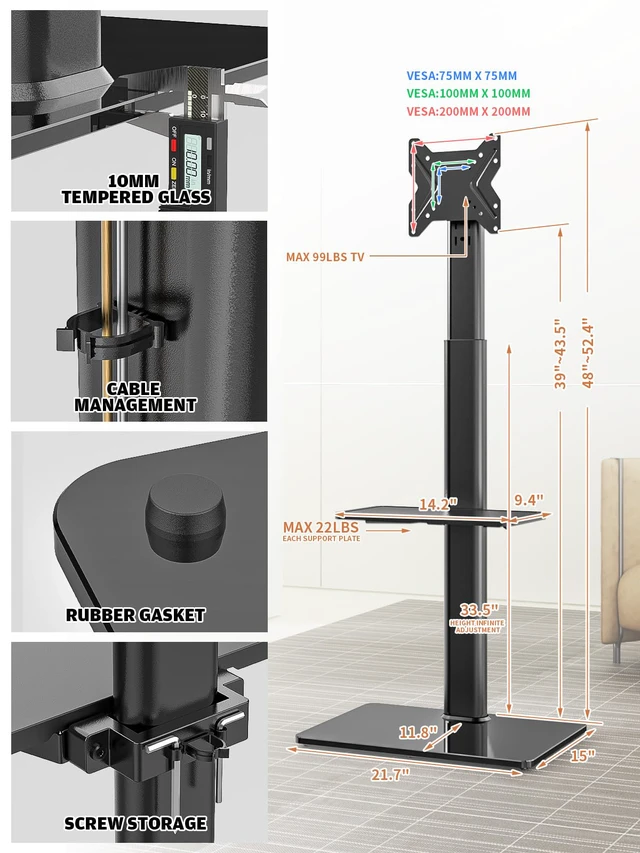 Alt view image 6 of 7 - Universal Floor TV Stand with Mount for 19 to 43 inch Flat Screen TV, 100 Degree Swivel,Adjustable Height and Tilt Function, 2 Shelves Space Saving Standing TV Mount for Bedroom Living Room Corner