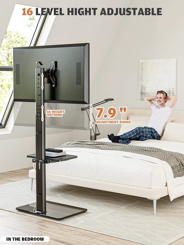 Alt view image 5 of 7 - Universal Floor TV Stand with Mount for 19 to 43 inch Flat Screen TV, 100 Degree Swivel,Adjustable Height and Tilt Function, 2 Shelves Space Saving Standing TV Mount for Bedroom Living Room Corner