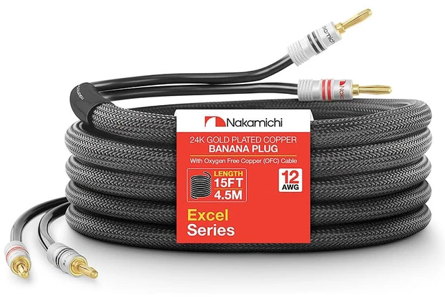 Main image of 24k Gold Plated Banana Plugs with 12 AWG Speaker Cable 99.9% OFC Oxygen-Free Copper, Excel Series, Heavy Duty Braided for Amplifier Receiver Hi-Fi Stereo Audio Wire - Black (15 feet / 4.5m)