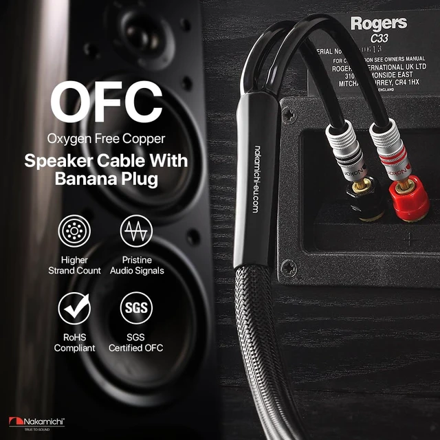 Alt view image 5 of 7 - 24k Gold Plated Banana Plugs with 12 AWG Speaker Cable 99.9% OFC Oxygen-Free Copper, Excel Series, Heavy Duty Braided for Amplifier Receiver Hi-Fi Stereo Audio Wire - Black (15 feet / 4.5m)